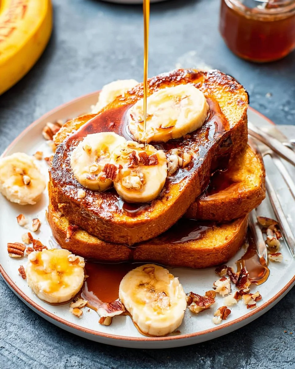 Plate of Banana French Toast topped with sliced bananas and syrup