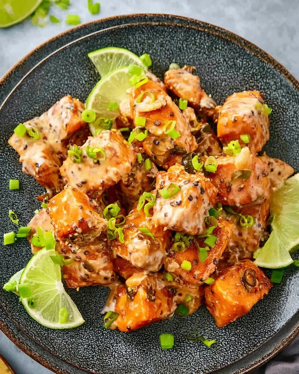 Plate of Bang Bang Salmon with spicy sauce and garnishes