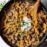 Delicious Beef Stroganoff served with egg noodles in a creamy sauce