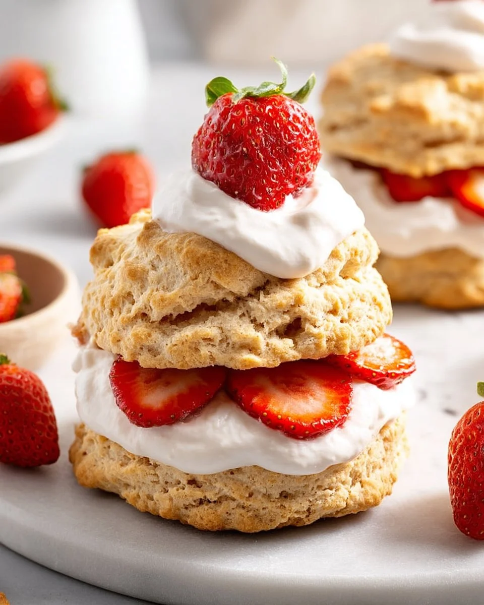 Delicious strawberry shortcake topped with fresh strawberries and whipped cream.
