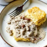 A plate of biscuits and sausage gravy topped with black pepper.