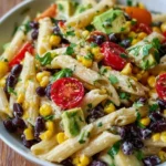 Black Bean and Corn Pasta Salad with Lime Greek Yogurt Dressing served in a bowl