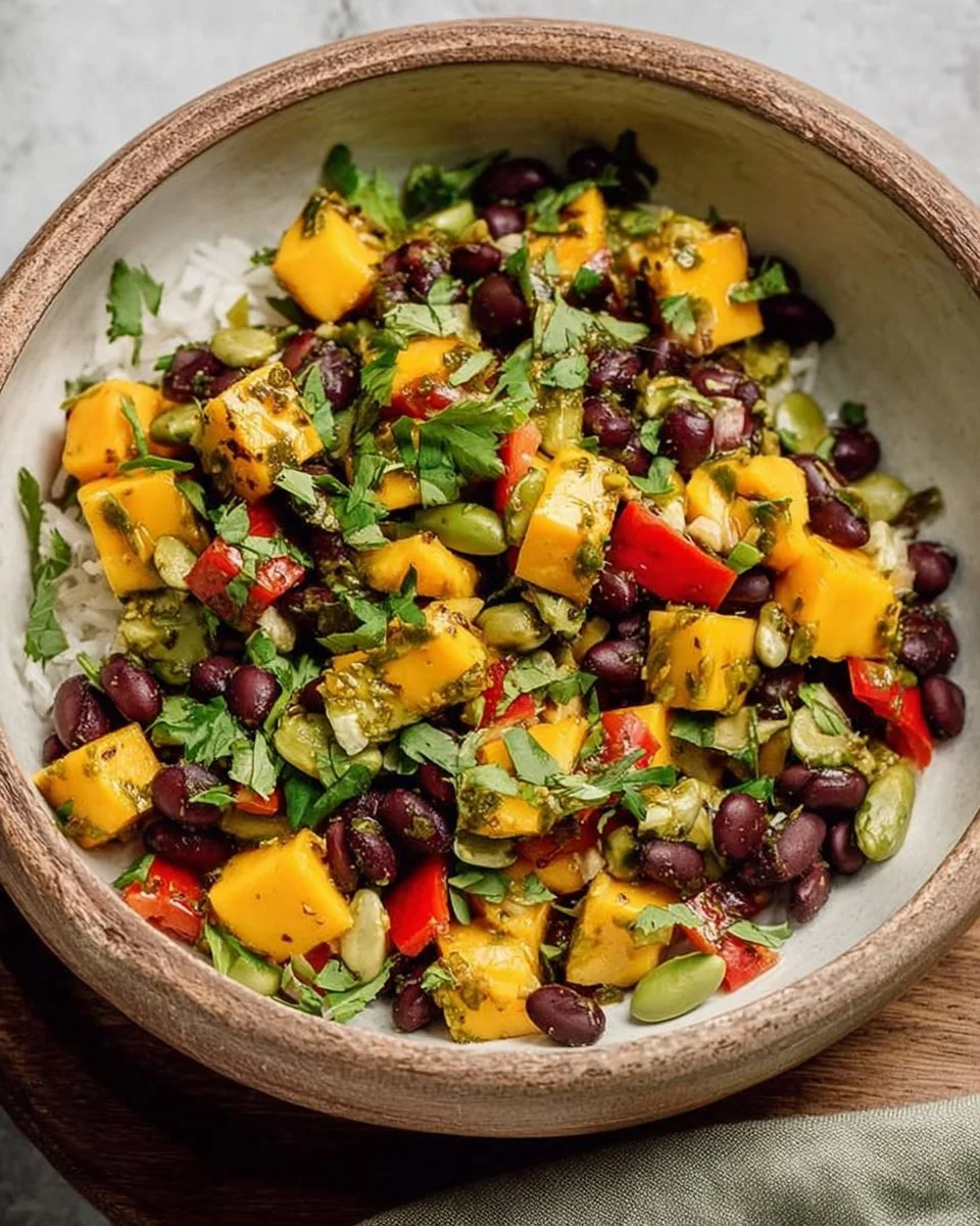 Colorful Black Bean Mango Salsa Bowl with fresh ingredients