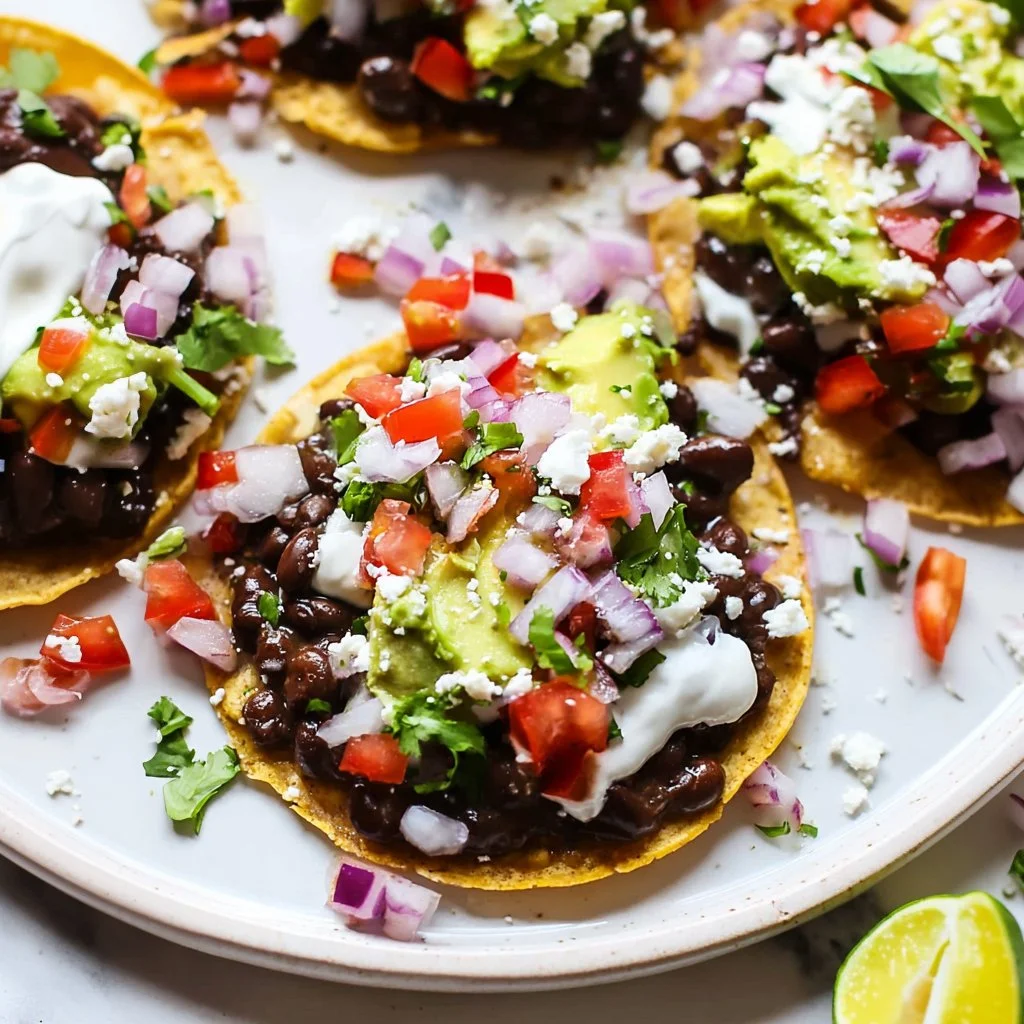 Delicious black bean tostadas topped with fresh vegetables and salsa