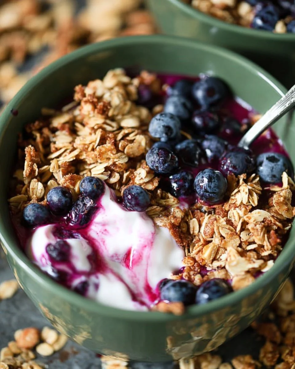 Delicious blueberry granola bowls topped with fresh blueberries and nuts
