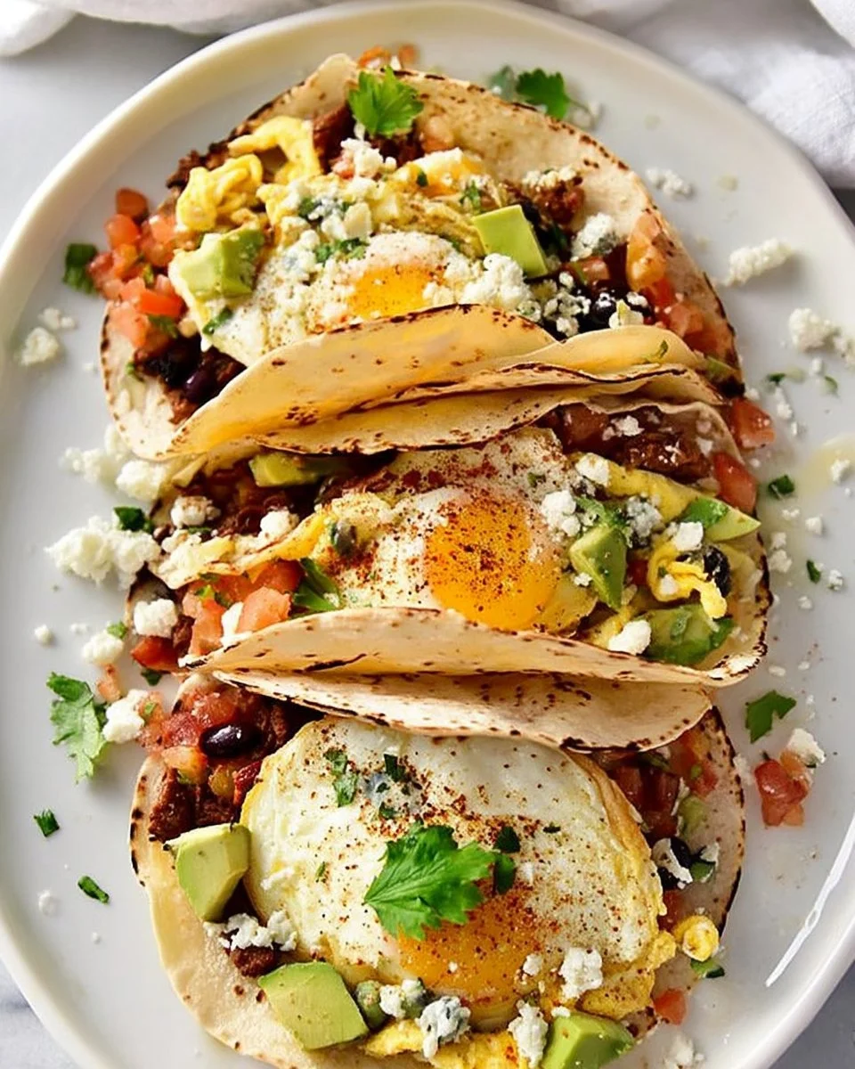 Delicious breakfast tacos garnished with fresh ingredients and served on a plate.
