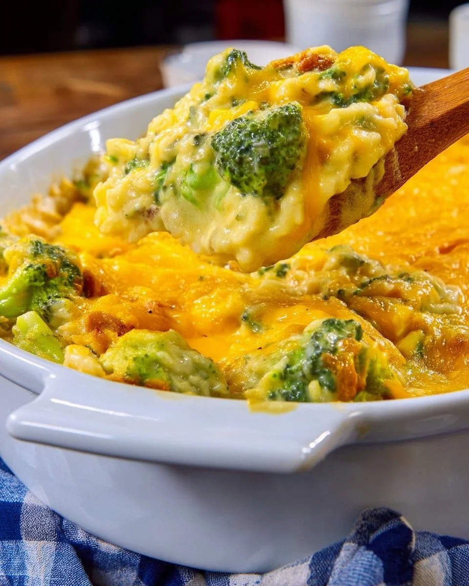 Creamy broccoli rice casserole served in a baking dish with cheese topping.