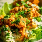 Buffalo tofu wraps with fresh veggies and sauce, served on a plate.