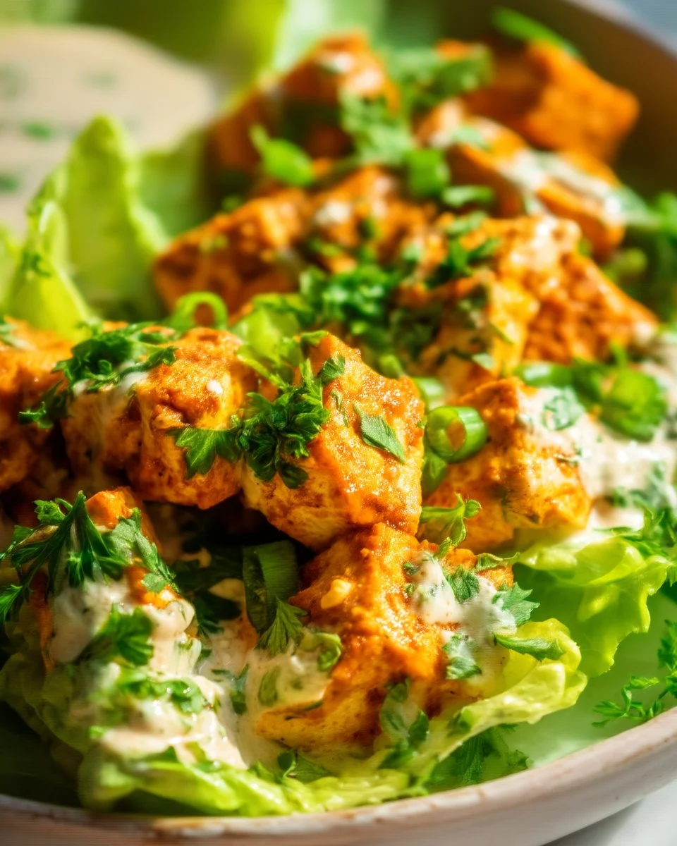 Buffalo tofu wraps with fresh veggies and sauce, served on a plate.