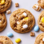 Homemade Cadbury Egg Cookies filled with chocolate and colorful candy eggs