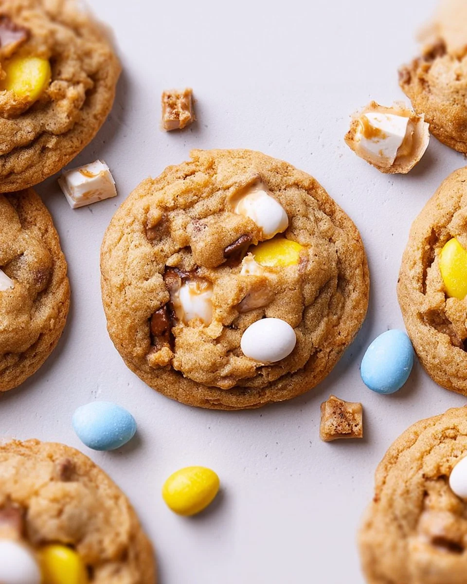 Homemade Cadbury Egg Cookies filled with chocolate and colorful candy eggs