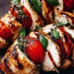 Caprese Stuffed Chicken with tomatoes, basil, and mozzarella on a plate.