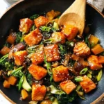 Caramelized salmon stir fry with vegetables in a skillet