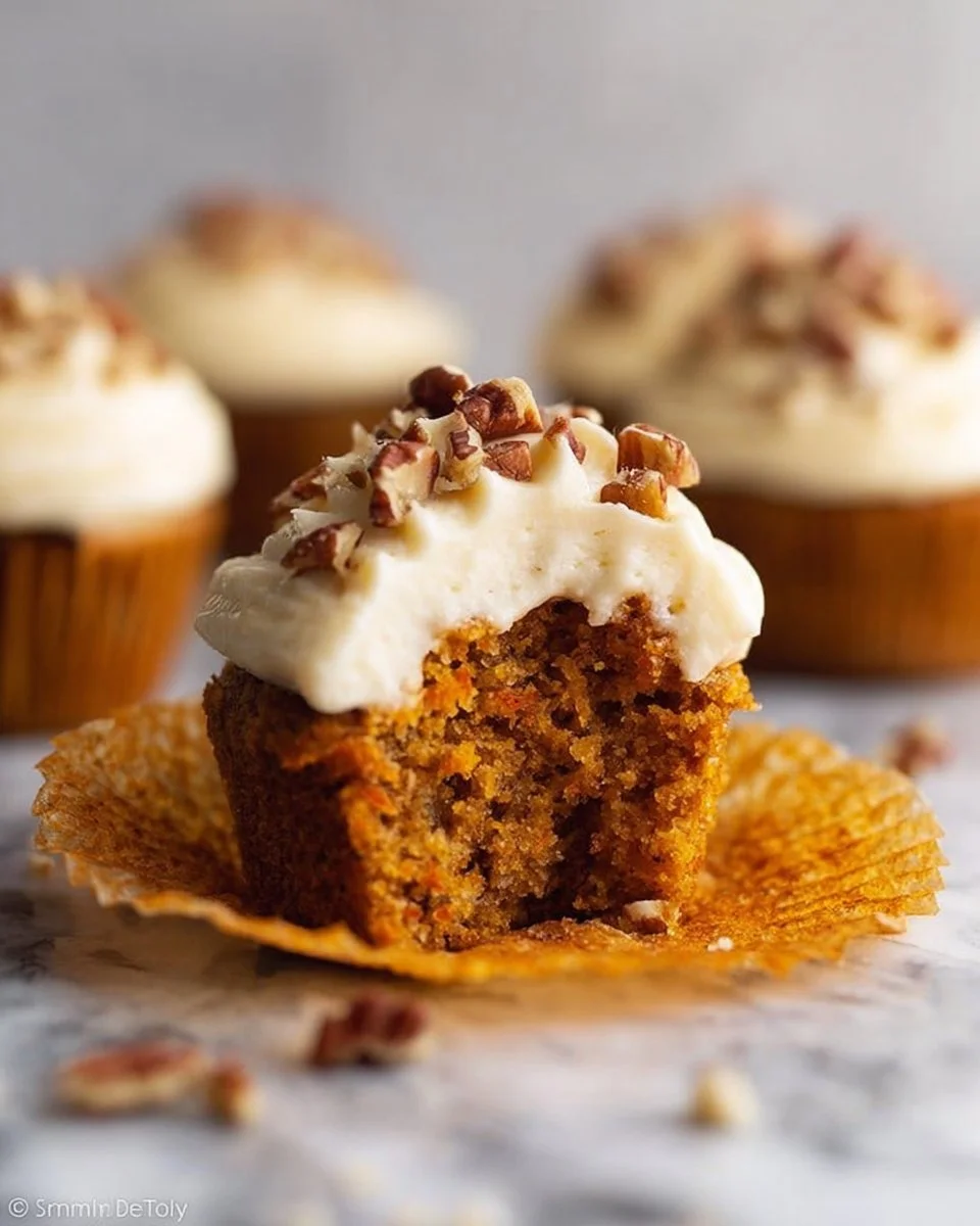 Delicious carrot cake cupcakes topped with cream cheese frosting