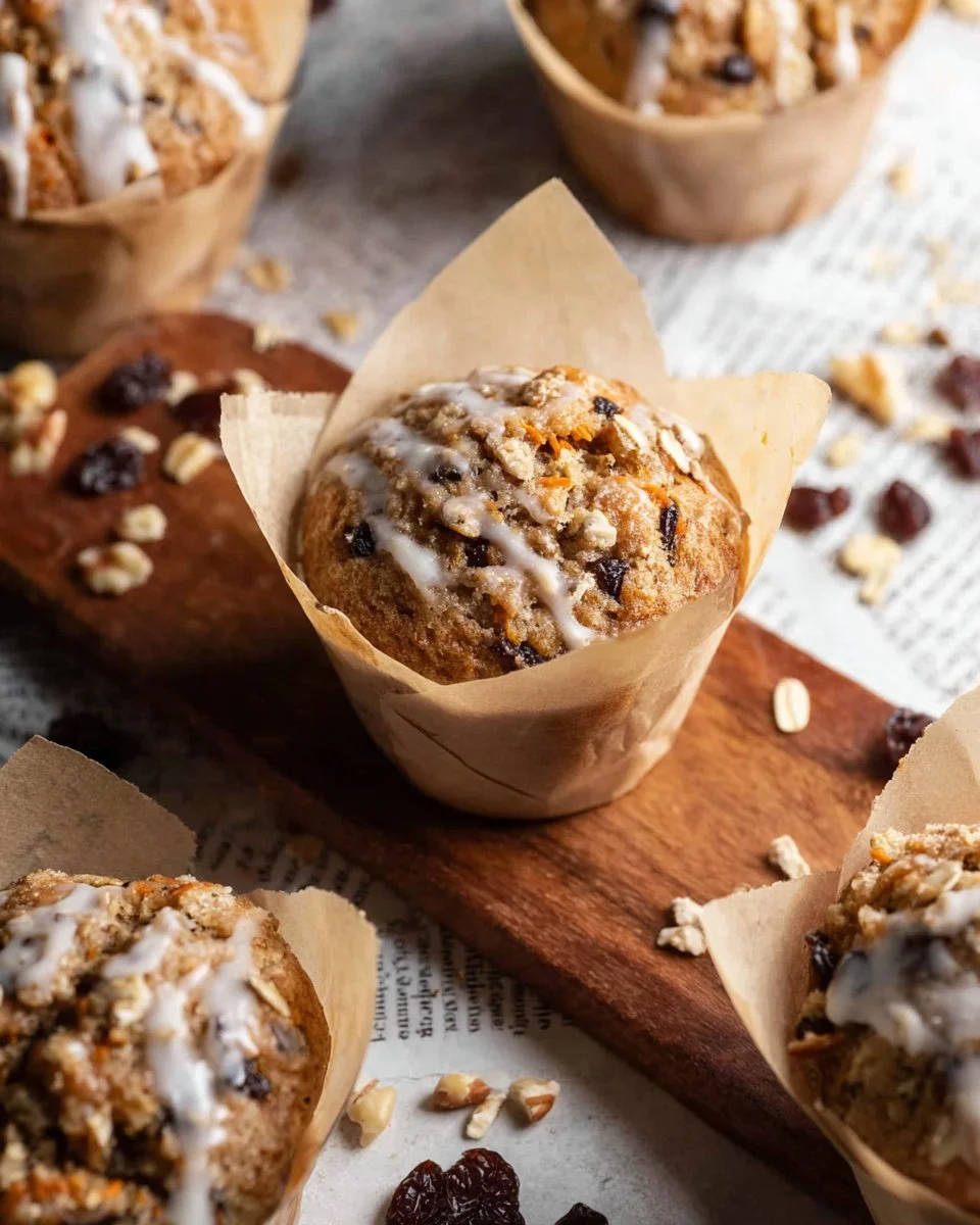 Freshly baked carrot cake muffins topped with cream cheese frosting