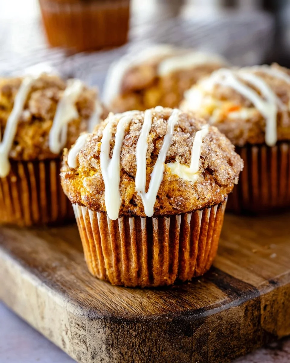 Delicious carrot cake muffins with cream cheese filling topped with nuts.
