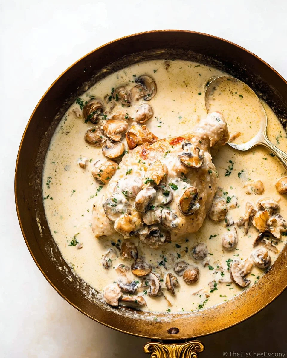 Delicious dish of Champagne Chicken garnished with fresh herbs and served elegantly.