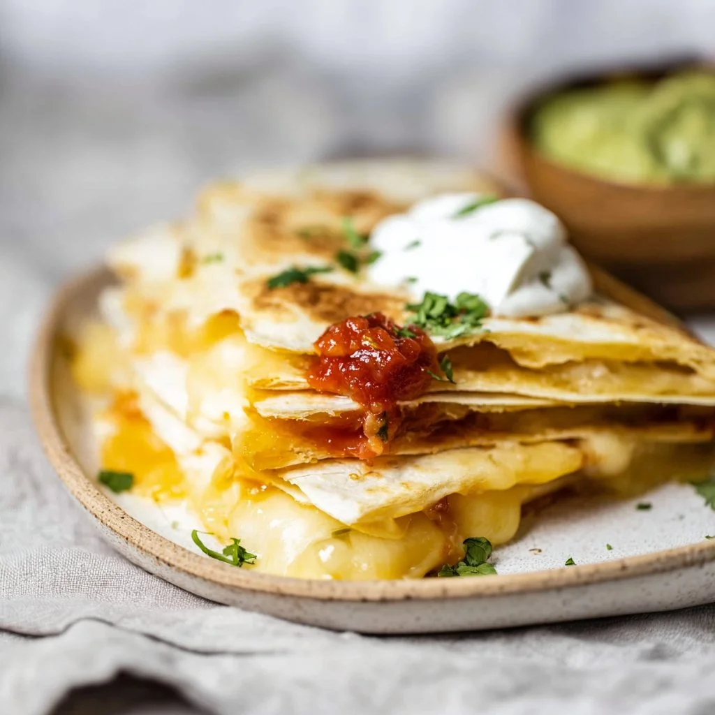 Cheese quesadilla served on a plate with melty cheese and crispy tortillas