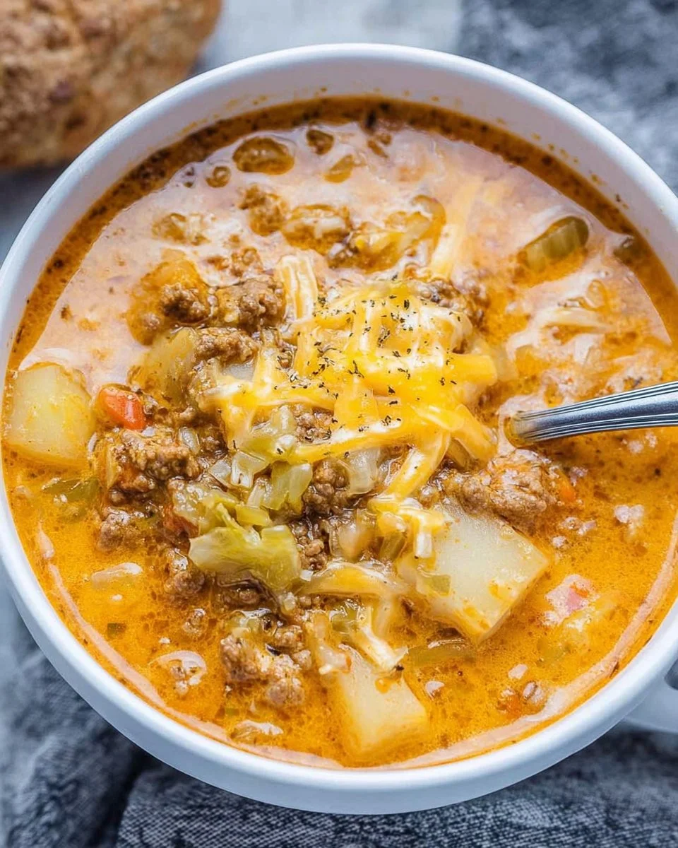 A delicious bowl of cheeseburger soup topped with cheese and herbs