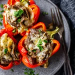 Cheesesteak stuffed peppers filled with savory meat and cheese mixture