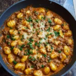 Plate of cheesy bison gnocchi topped with herbs and cheese