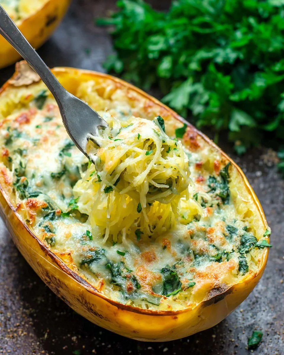 A bowl of cheesy garlic parmesan spinach spaghetti squash topped with fresh herbs