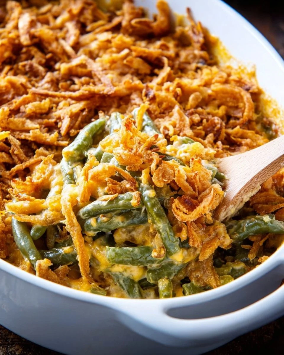 Delicious cheesy green bean casserole served in a dish