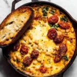 Cheesy white bean tomato bake served in a dish with fresh herbs
