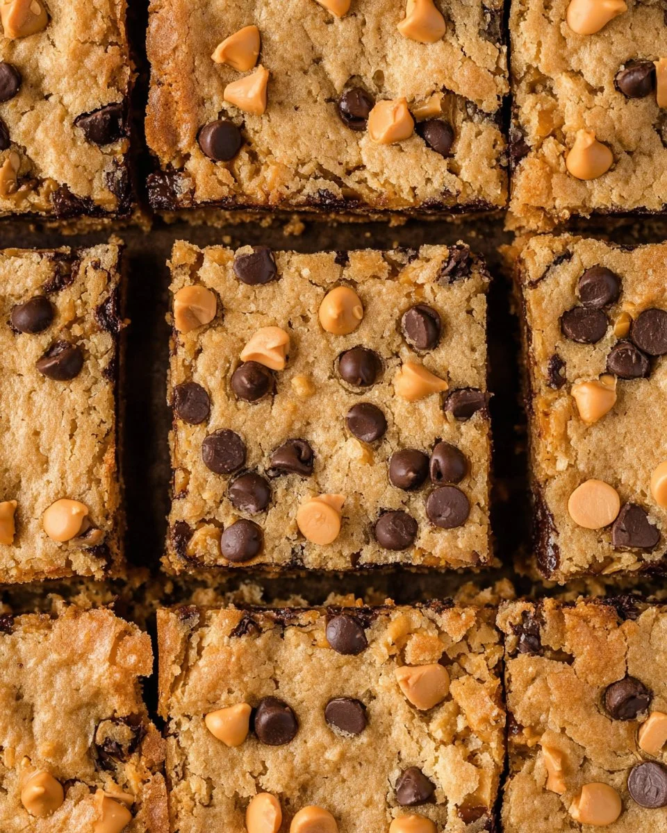 Chewy butterscotch peanut butter cookie bars fresh from the oven