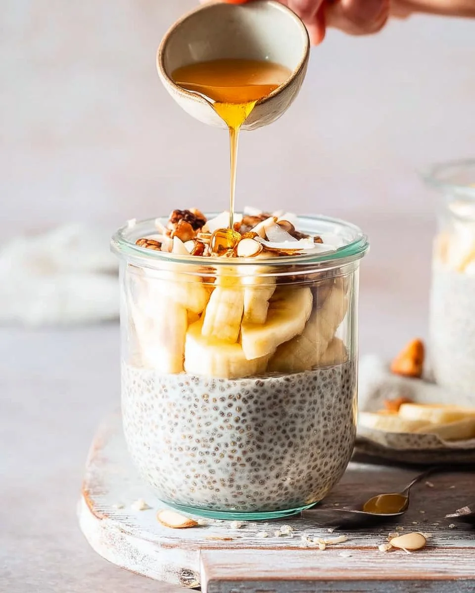 Delicious chia pudding with coconut milk topped with berries and nuts.