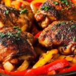 Chicken and bell peppers skillet dish served in a frying pan