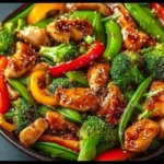 Colorful chicken and vegetable stir-fry in a pan