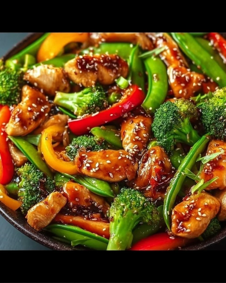 Colorful chicken and vegetable stir-fry in a pan