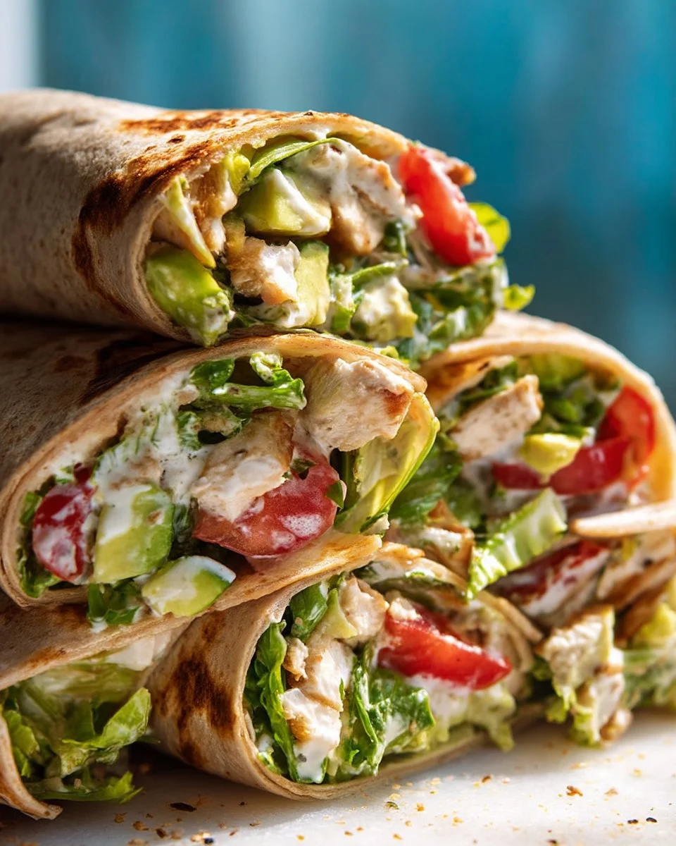 Chicken Avocado Caesar Salad Wrap with fresh ingredients and dressing
