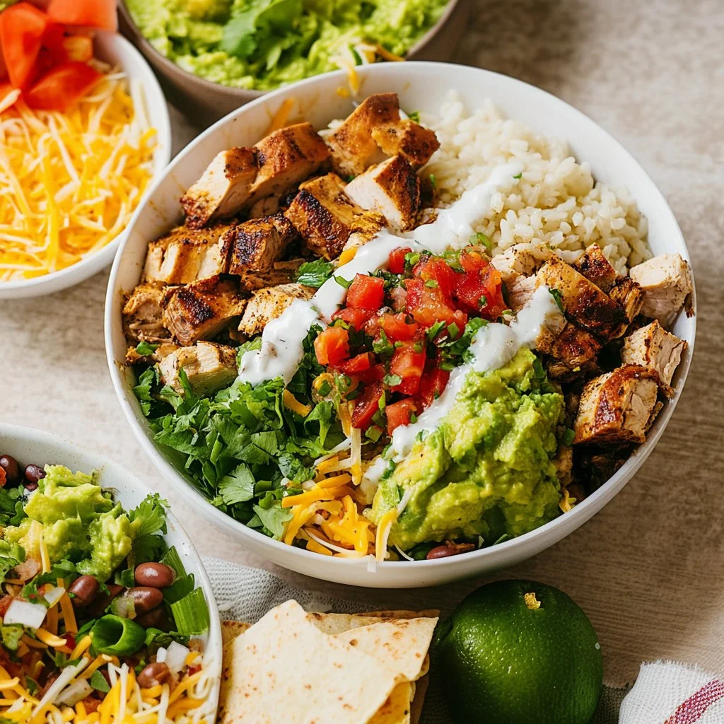 Delicious Chicken Burrito Bowls filled with rice, beans, and fresh toppings
