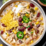 Bowl of delicious homemade Chicken Chili Soup garnished with fresh herbs