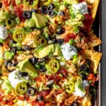 Delicious Chicken Nachos with cheese, jalapeños, and fresh toppings