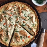 Chicken Pot Pie Pizza topped with creamy chicken and vegetables