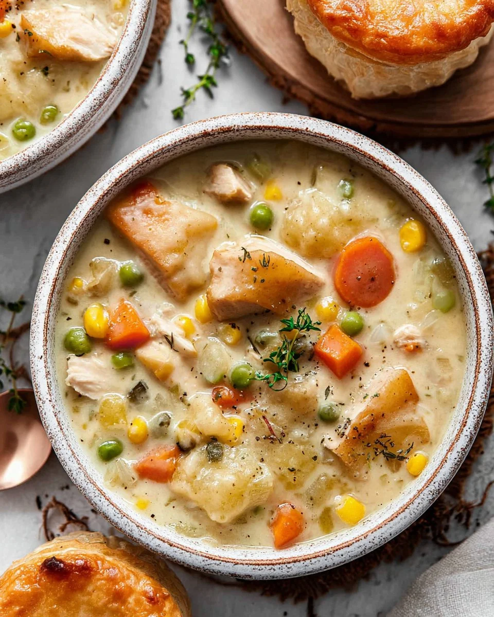 A delicious bowl of chicken pot pie soup topped with fresh herbs.