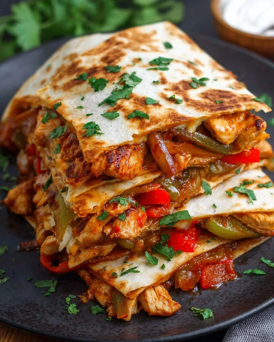 Delicious Chicken Quesadillas with melted cheese and grilled chicken slices