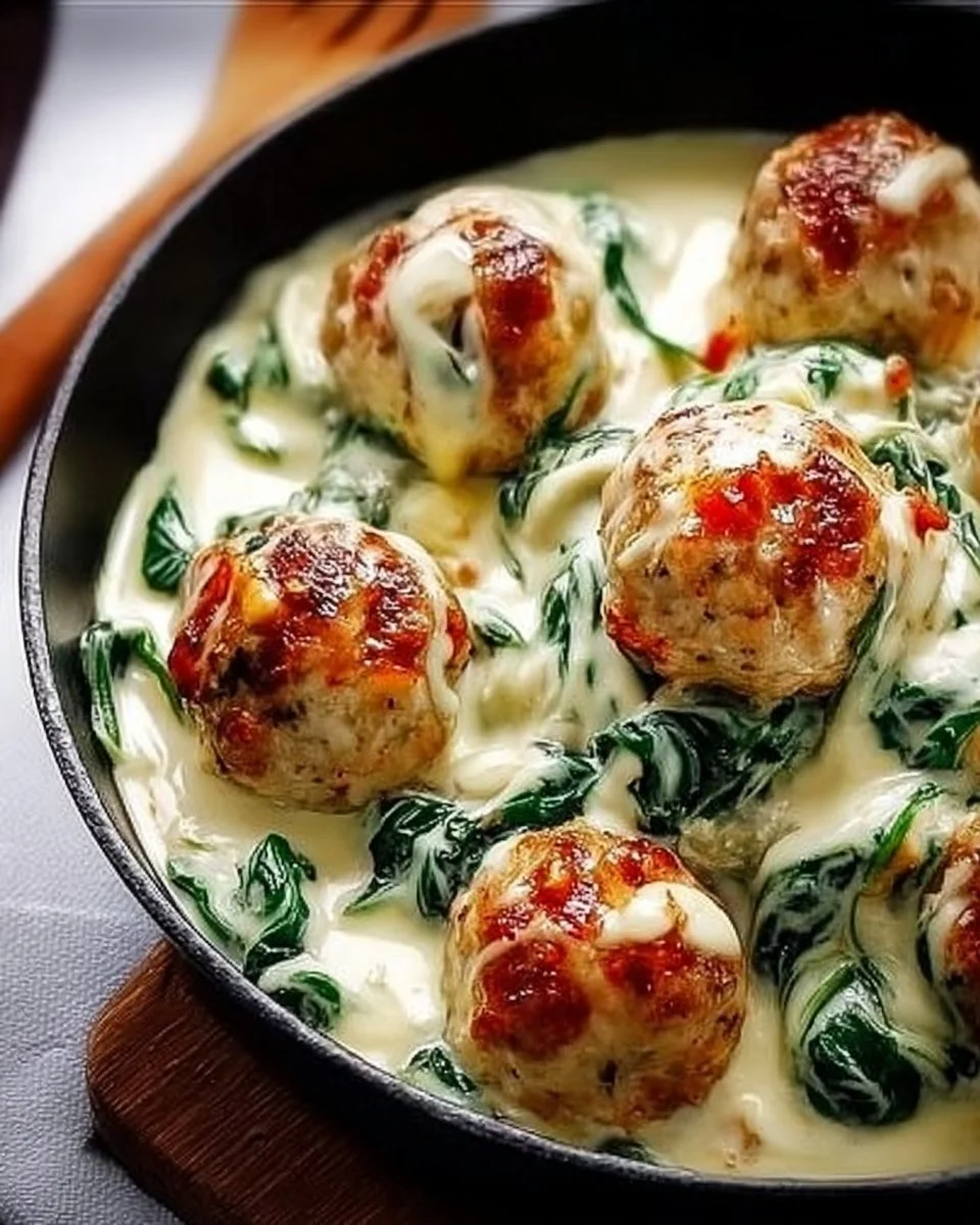 Chicken Ricotta Meatballs served with creamy spinach Alfredo sauce