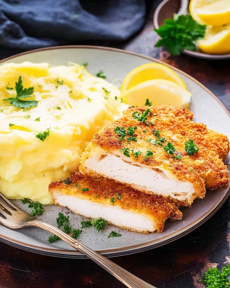 Crispy Chicken Schnitzel served with garnish and lemon