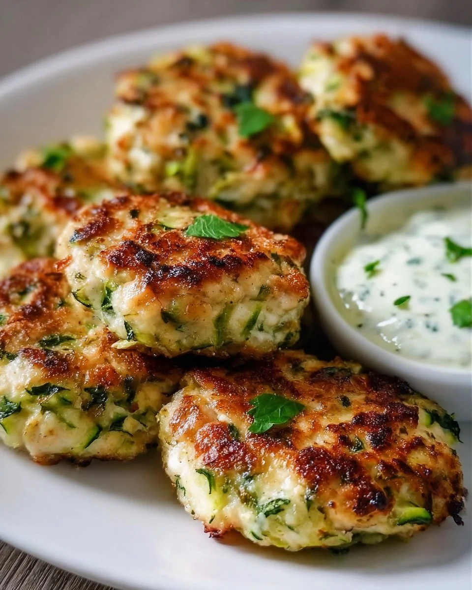 Plate of crispy Chicken Zucchini Poppers garnished with herbs