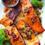 Delicious Chili Crisp Salmon garnished with green onions