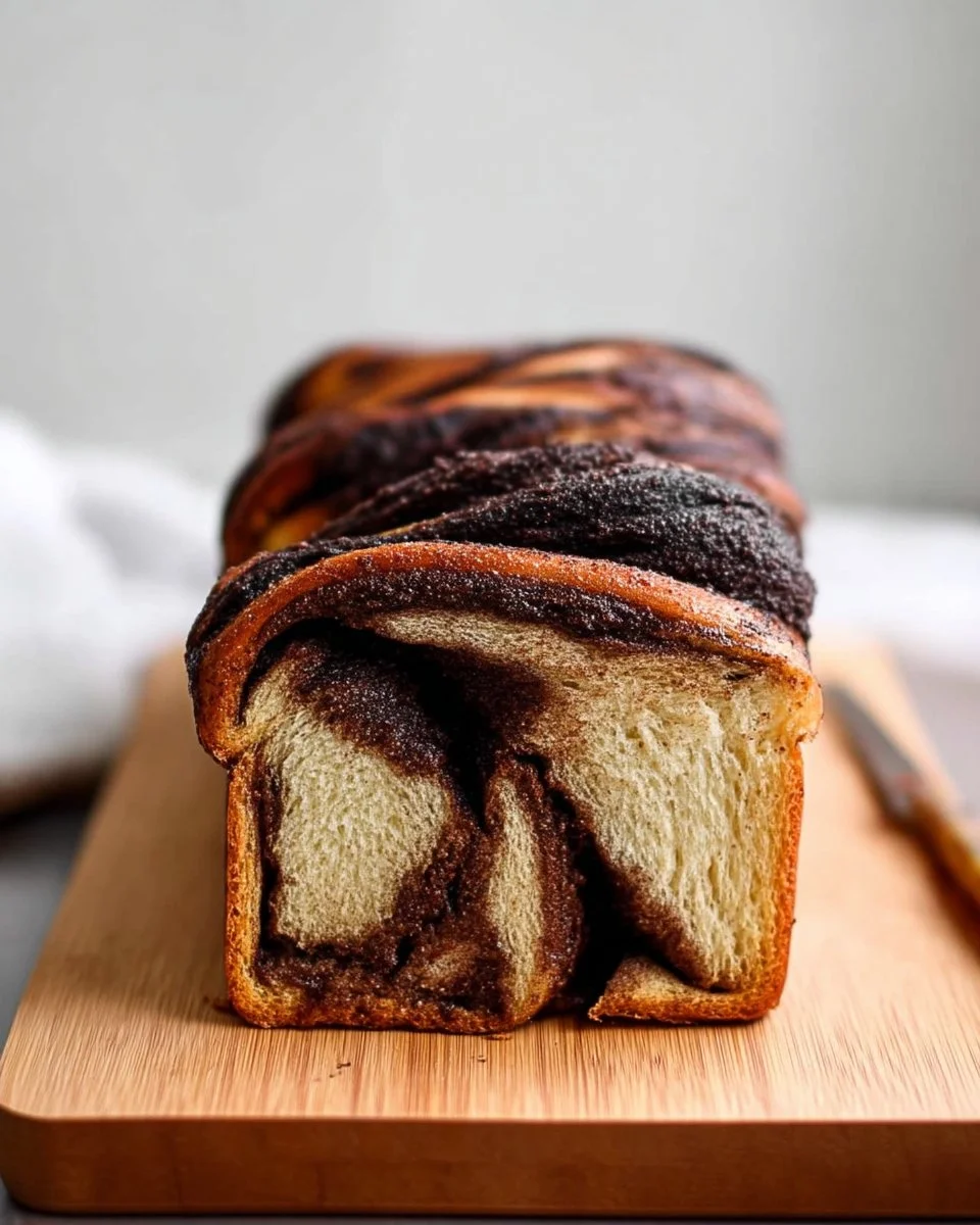 A beautifully braided chocolate babka loaf, showcasing its rich and decadent filling.