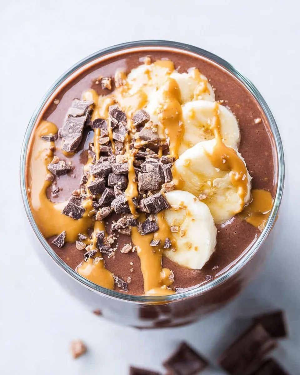 Creamy chocolate banana smoothie with protein in a clear glass