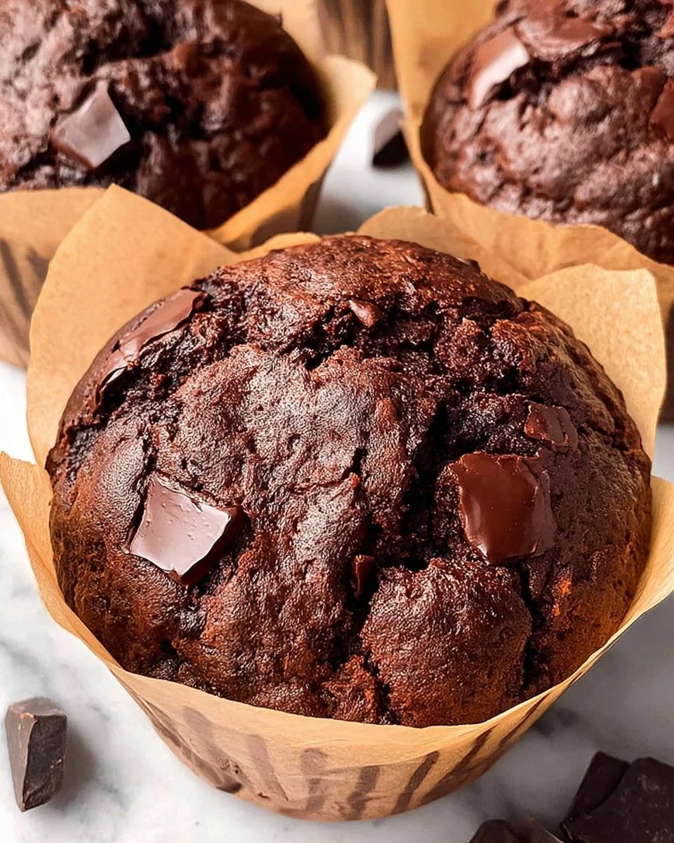 Delicious chocolate chunk muffins fresh out of the oven, topped with chocolate pieces.