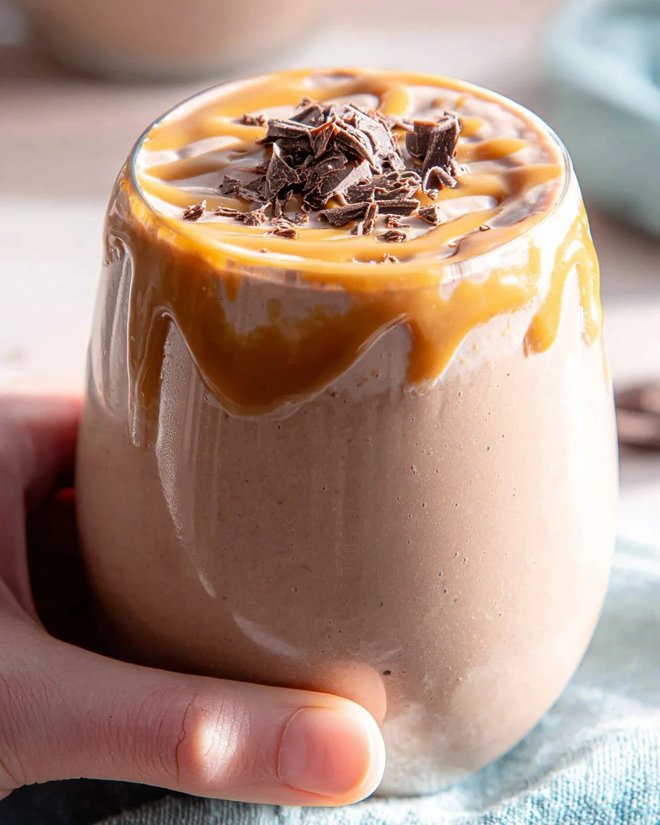 Chocolate peanut butter vegan protein shake topped with nuts and cocoa powder