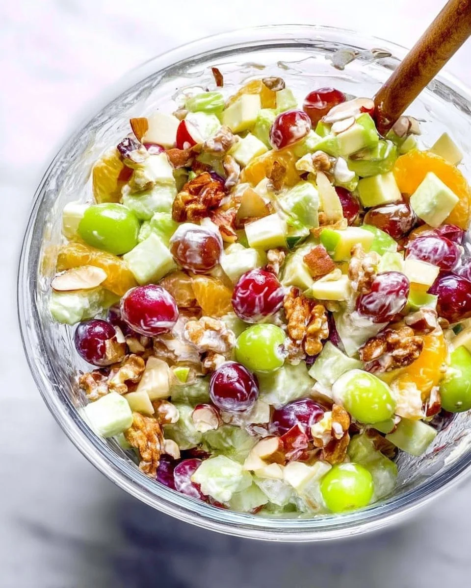 Classic Waldorf salad with apples, walnuts, and celery served on a plate.