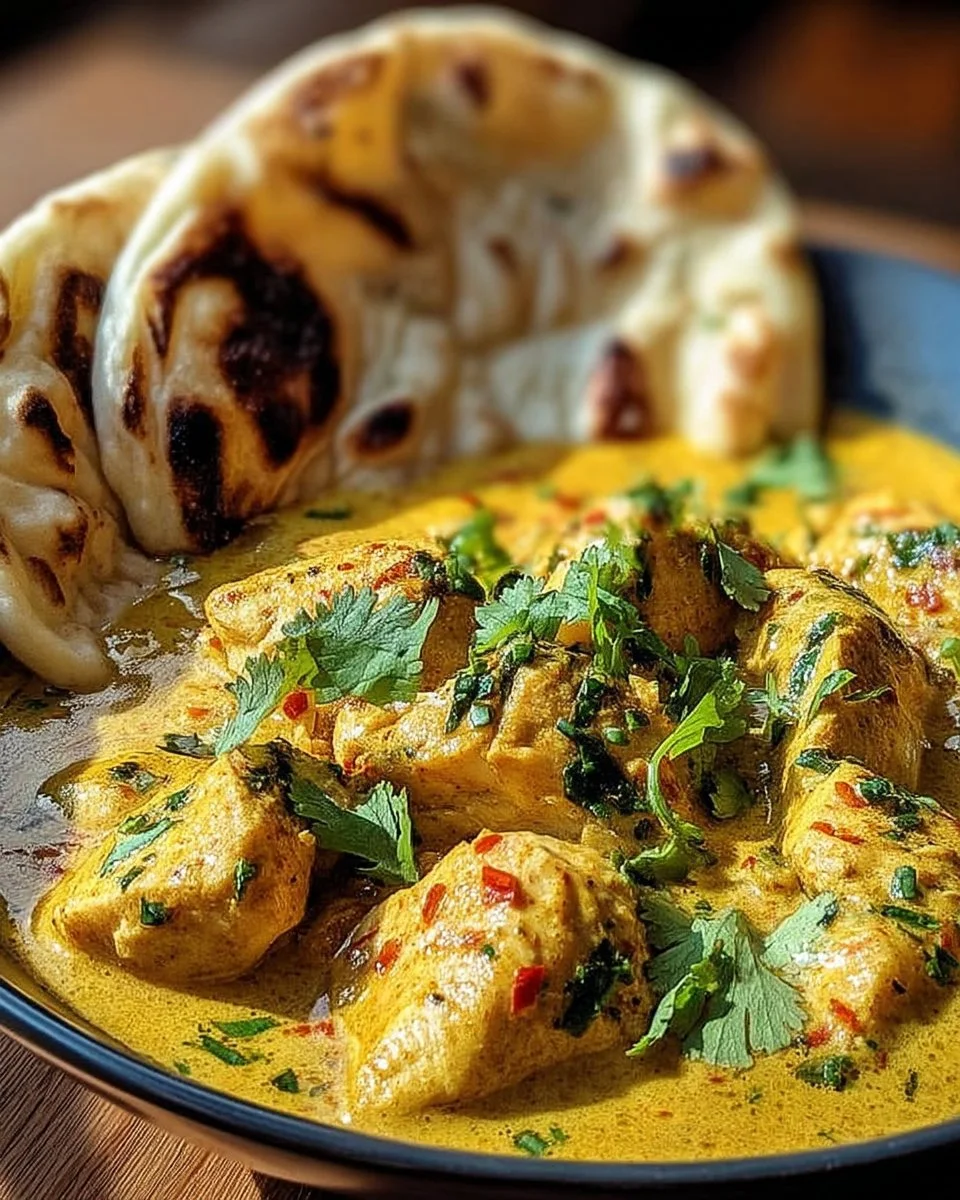 A bowl of Coconut Chicken Curry garnished with fresh herbs
